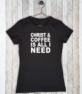 Stretch t-shirt met tekst "Christ and coffee"