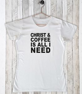 Stretch t-shirt met tekst Christ and coffee