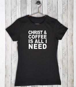 Stretch t-shirt met tekst Christ and coffee